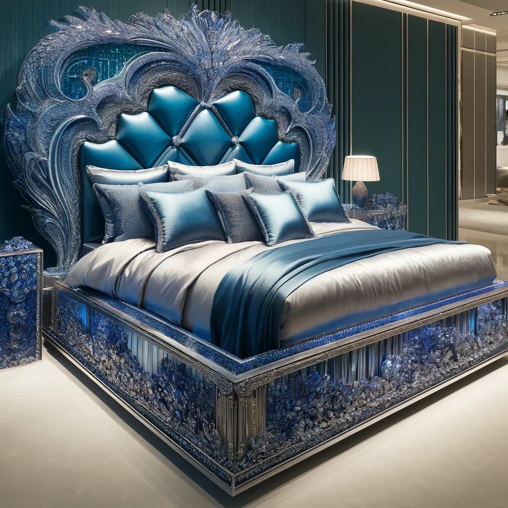 A luxurious bed featuring a sapphire-toned headboard with peacock and floral designs, reminiscent of the ocean’s depths.