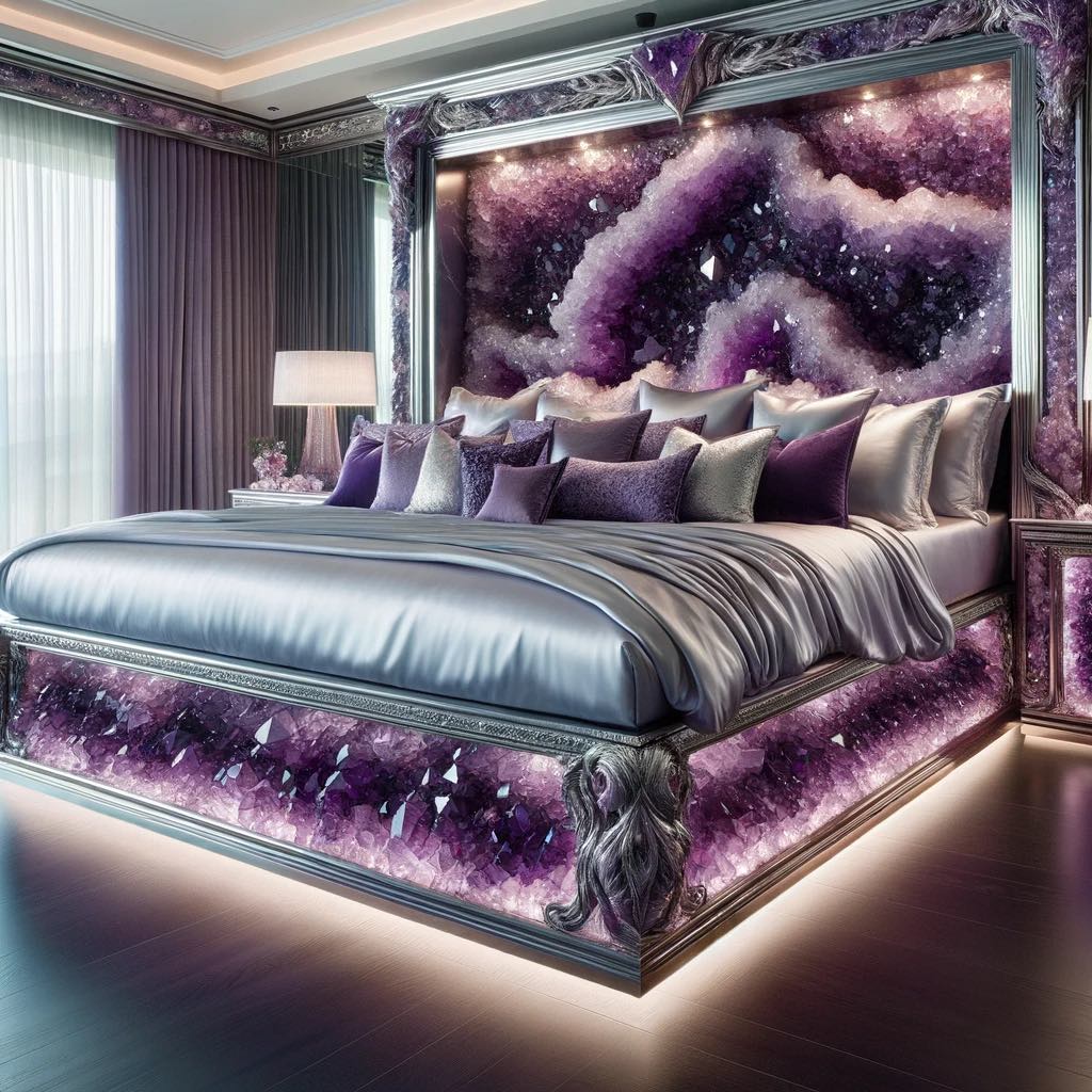 A tranquil bedroom setting showcasing a bed with an amethyst crystal patterned headboard, blending deep purples and silvers for a calming effect.