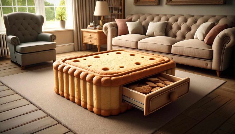 A comfortable living room featuring a custard cream biscuit-inspired ottoman with a biscuit pattern and a drawer full of biscuits.