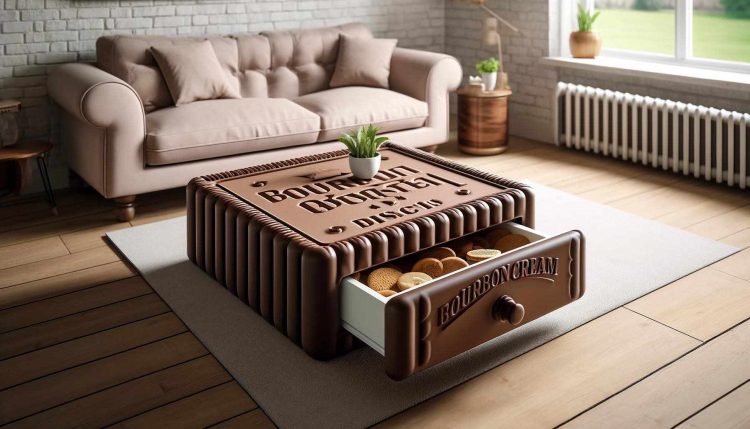 A stylish lounge featuring a coffee table inspired by a bourbon biscuit, complete with a drawer for biscuits and books.