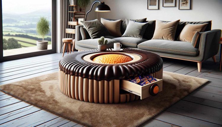 A contemporary living room showcasing a digestive biscuit-inspired coffee table with a central compartment for biscuits.