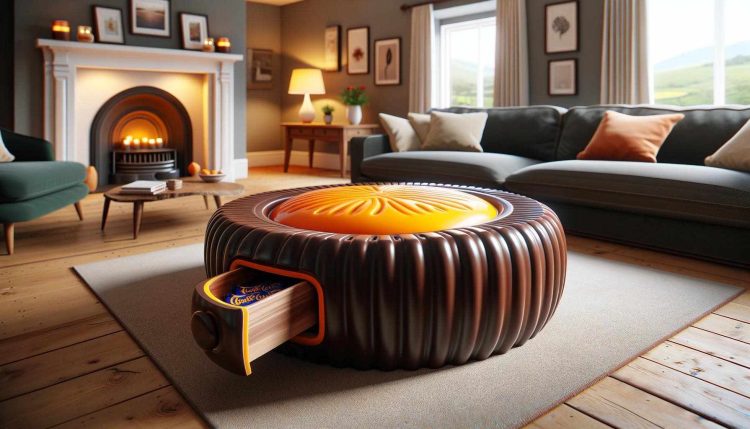An elegant living room featuring a custard cream biscuit-inspired centrepiece table in front of a fireplace.
