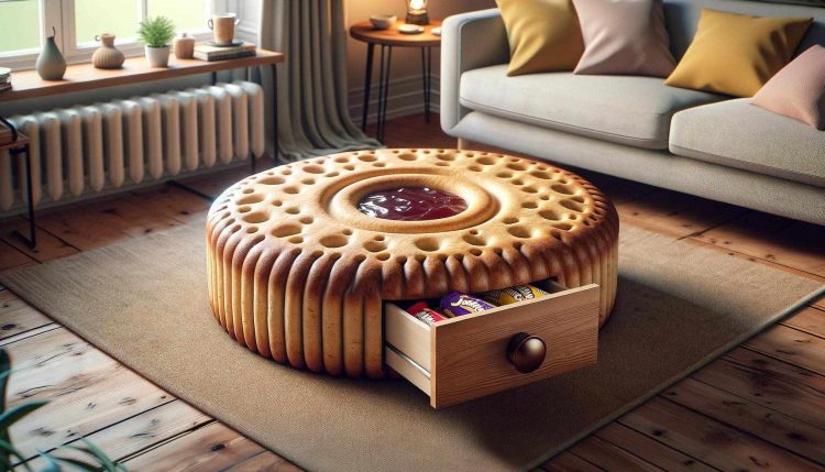 A cosy reading corner with a jammy dodger biscuit-inspired coffee table featuring a jam-filled centre