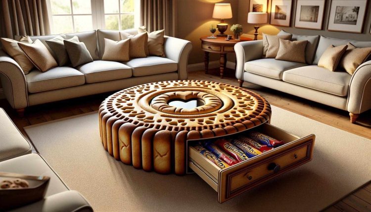 A cosy reading corner with a jammy dodger biscuit-inspired coffee table featuring a jam-filled centre.