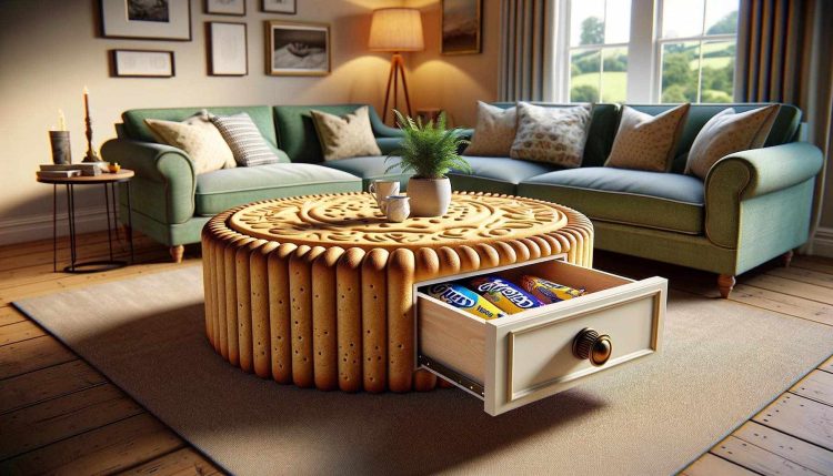 A bright lounge with a large digestive biscuit-inspired coffee table, complete with a compartment for tea and biscuits.