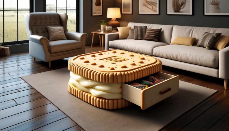 A modern lounge featuring a custard cream biscuit-inspired coffee table with a drawer filled with snacks.