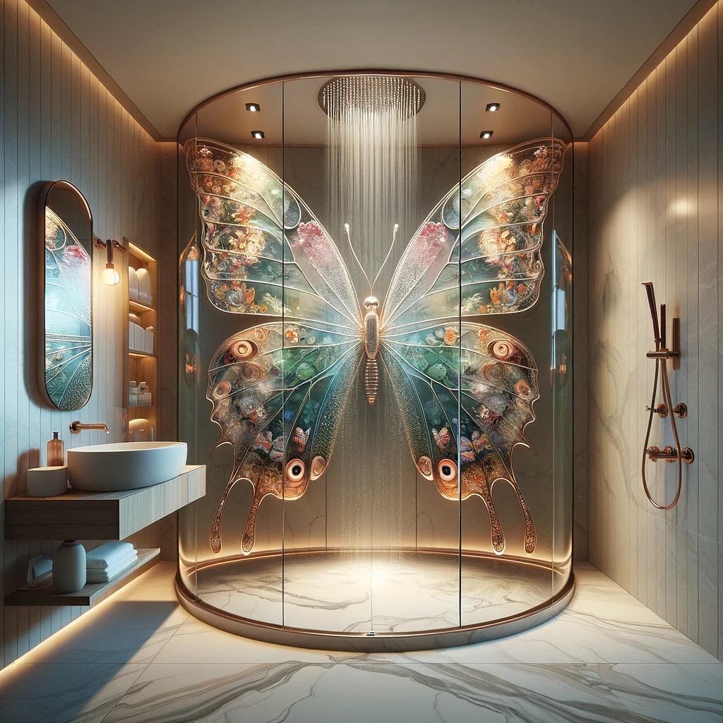 Elegant bathroom with a colorful butterfly and floral mosaic design on the shower glass