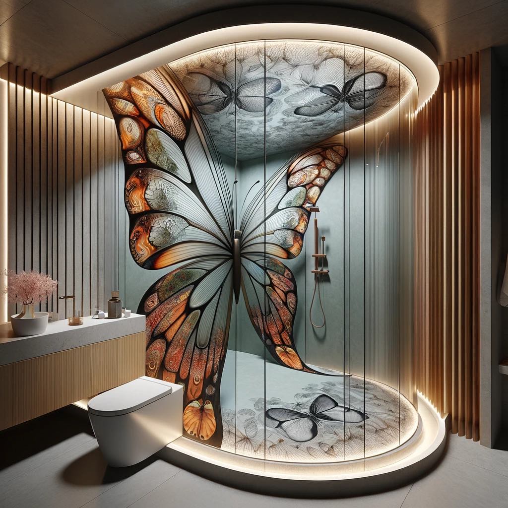 Luxuriously designed bathroom with a dark-toned butterfly motif in a moonlit aesthetic