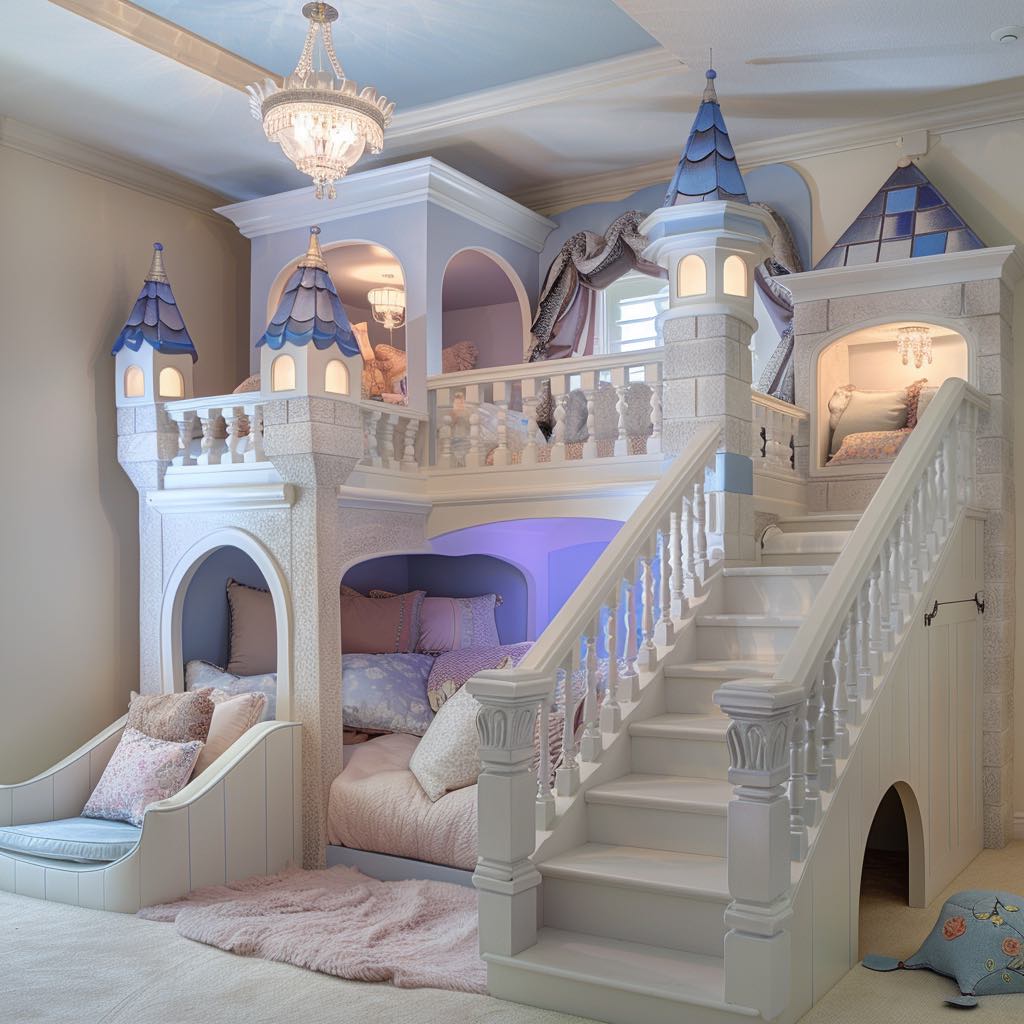 A fairytale-inspired bedroom with castle-like features in pastel blues and purples, complete with turrets, a grand staircase, and a cosy bed nestled beneath.