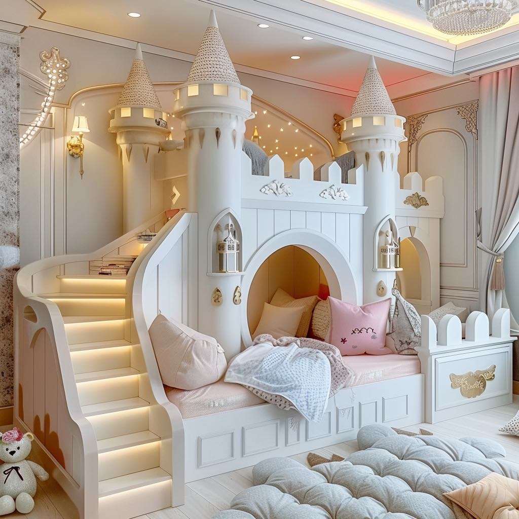 An enchanting bedroom with golden lighting and a castle bed structure, featuring whimsical details and a glowing staircase leading to a restful alcove.