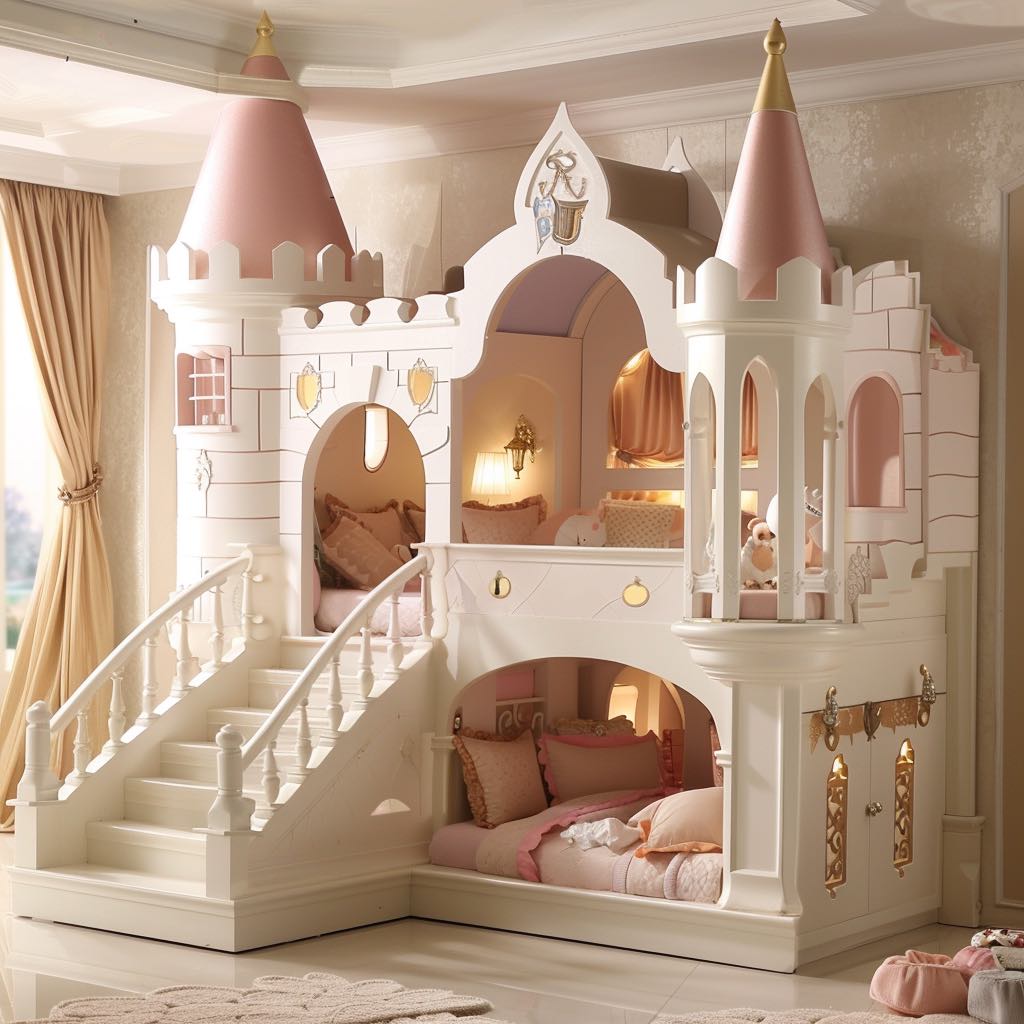 A dreamy bedroom that brings fairy tales to life with a soft pink castle bed, delicate lighting, and storybook decorations, perfect for a princely rest.