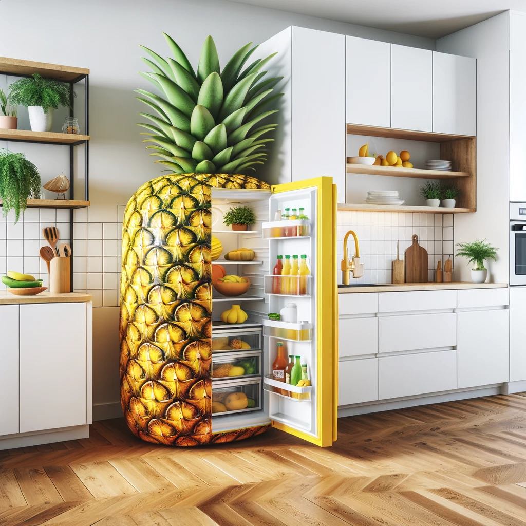 A creative refrigerator with a pineapple design in a bright, modern kitchen setting.