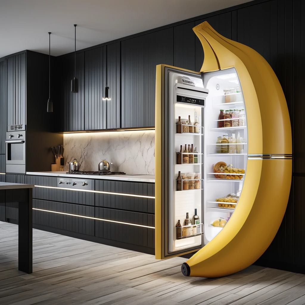 A stylish novelty refrigerator designed like a banana against a dark, modern kitchen backdrop.