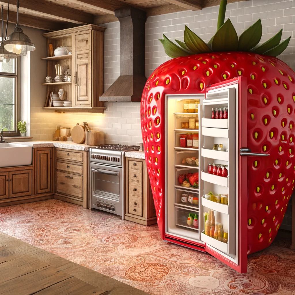 A novelty refrigerator designed to resemble a ripe strawberry in a classic wooden kitchen.