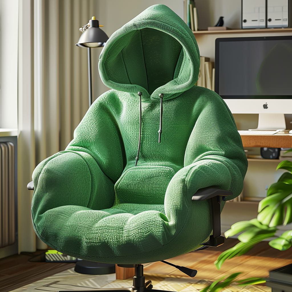 Green hoodie-shaped chair in a bright office, reflecting the vibrancy of nature.
