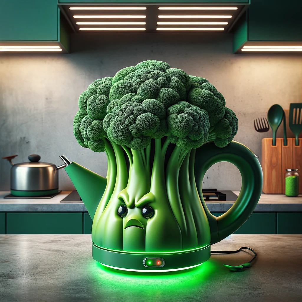 Whimsical kettle designed to resemble a head of broccoli with an animated expression.