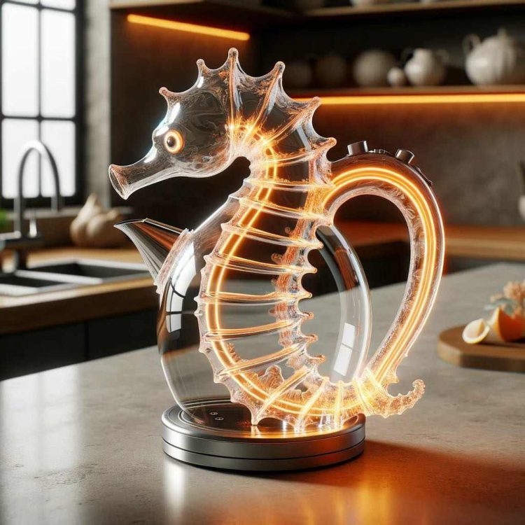 A kettle designed as a glowing seahorse against a dark background, embodying oceanic mysteries