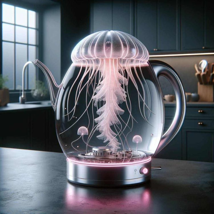A pink jellyfish within a kettle, illuminated to depict the grace of deep-sea creatures