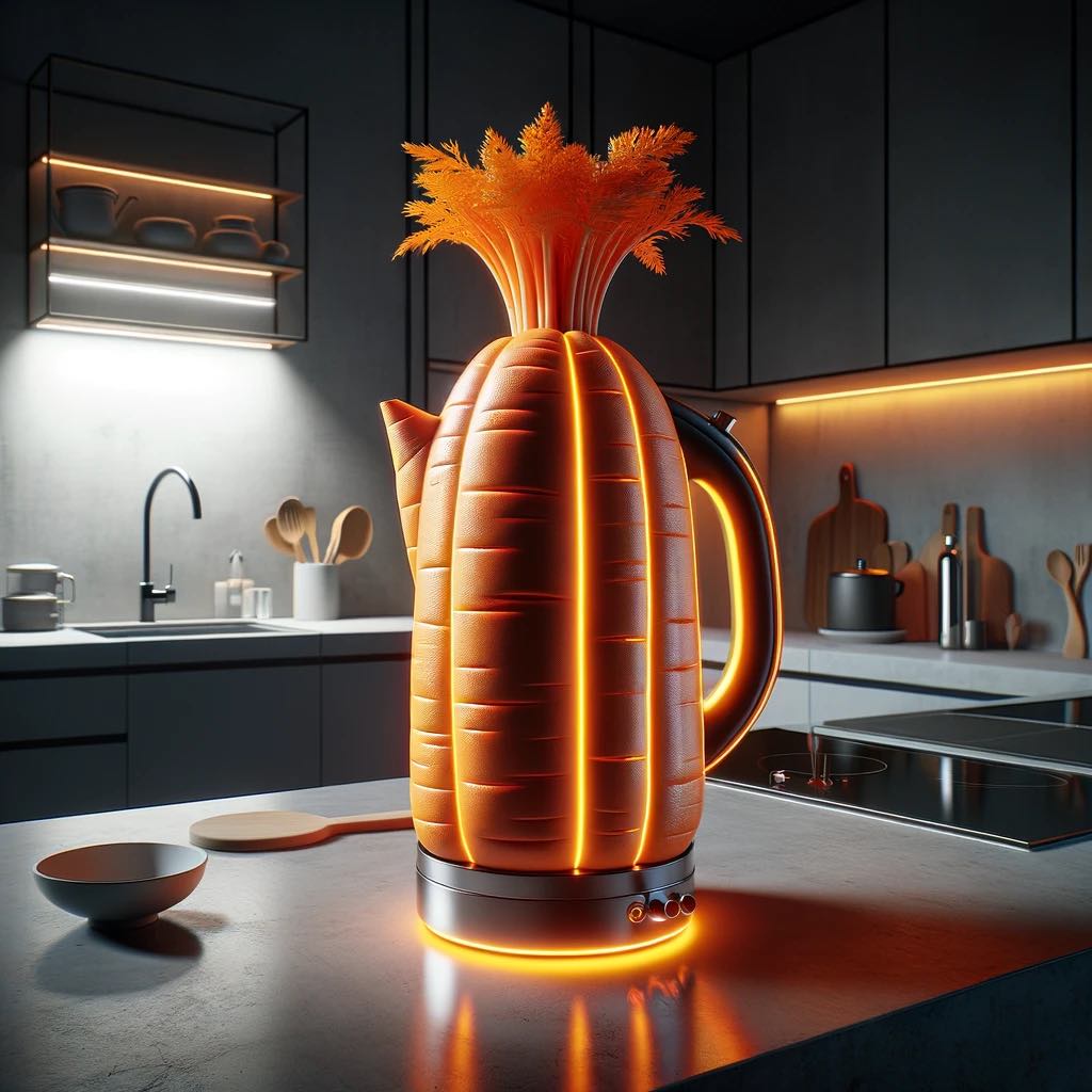 An electric kettle with a unique carrot design, glowing warmly on a kitchen counter.