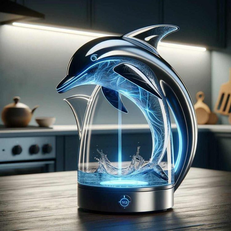 A kettle showcasing a dolphin surrounded by a burst of blue light, capturing the playful spirit of the sea