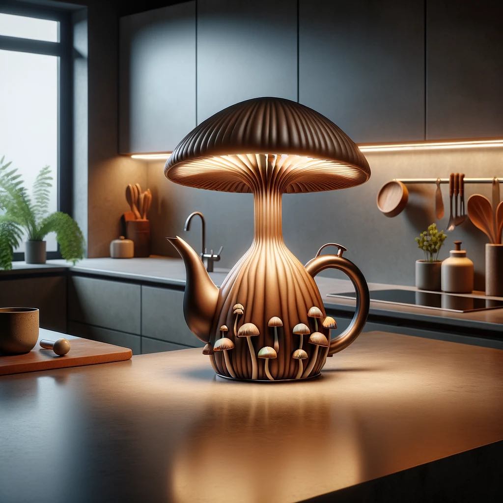 A teapot designed like a mushroom with smaller mushrooms at its base, offering a fairy-tale look.