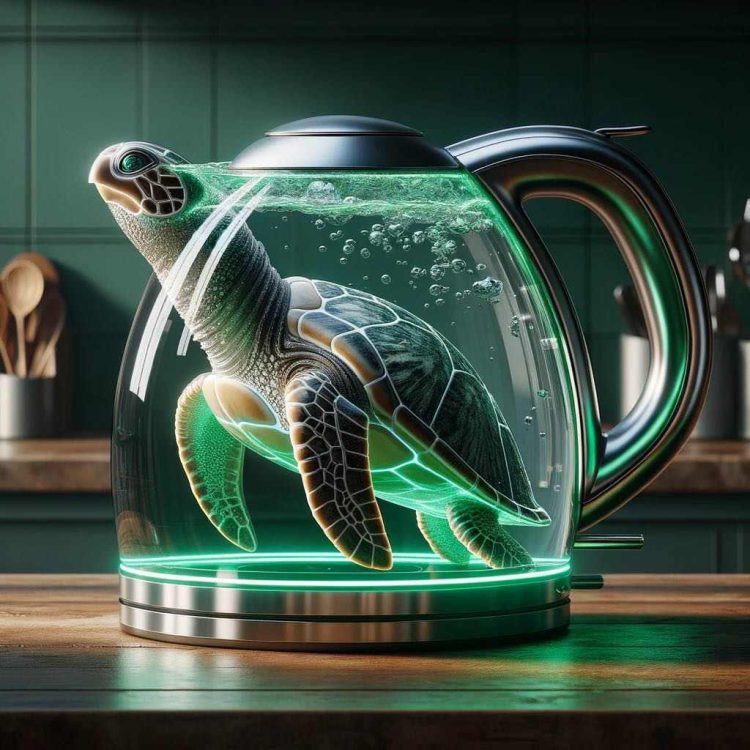 A kettle with a green, shell-like design, reflecting the age-old wisdom of sea turtles.