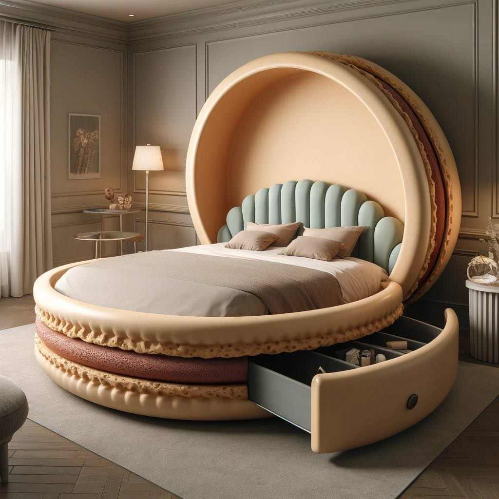 Elegant cream-colored bed with teal tufted headboard and cookie trim design