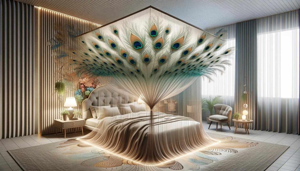 A bedroom designed with a peacock feather motif extending from the headboard across the ceiling and wall, creating an aura of natural elegance.