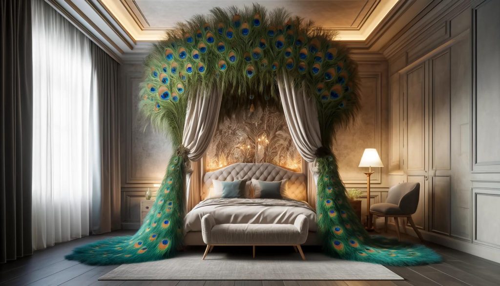 A traditional bedroom featuring a peacock feather canopy, merging classic decor with the beauty of nature.