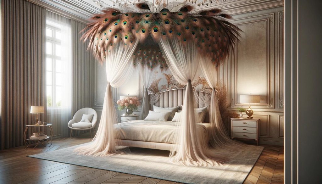 A contemporary bedroom integrating peacock feather designs into the structure of the room for a seamless natural aesthetic.