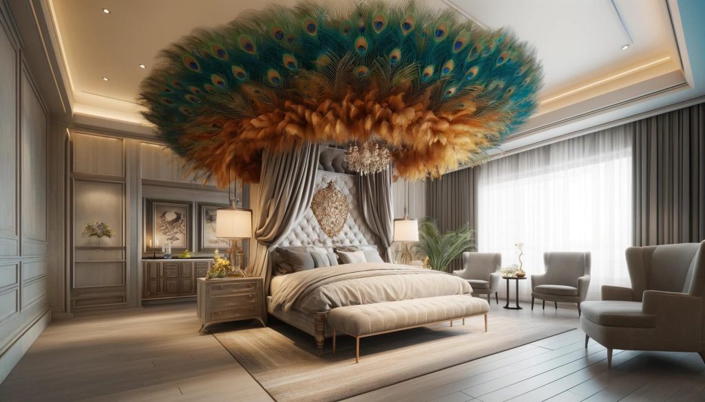 An opulent bedroom where a peacock feather canopy crowns a sumptuously dressed bed, epitomising luxury.