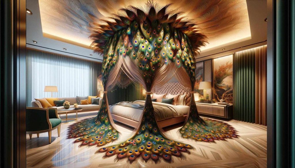 A bedroom that frames the bed with an artistic rendition of peacock feathers, blending fine art with interior design.