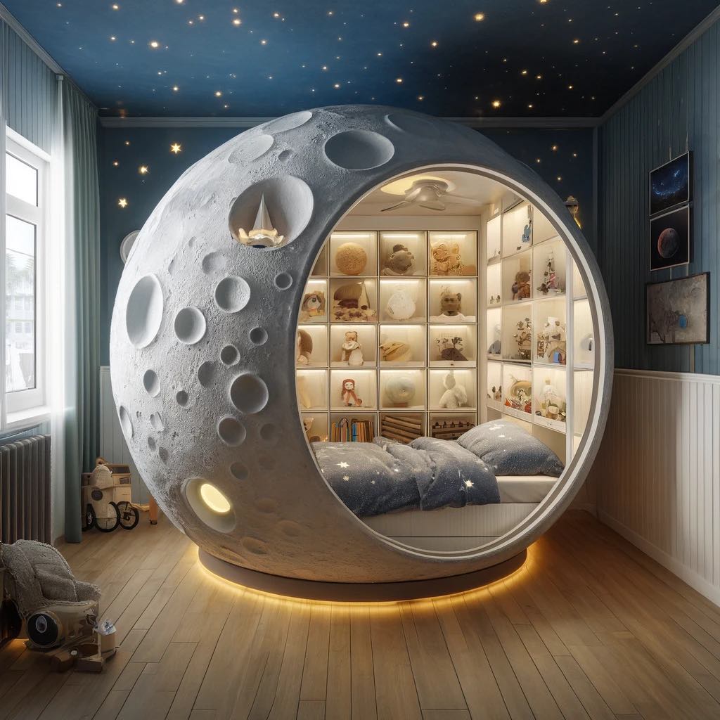 A serene moon-inspired bedroom with a cratered wall and a comfortable bed