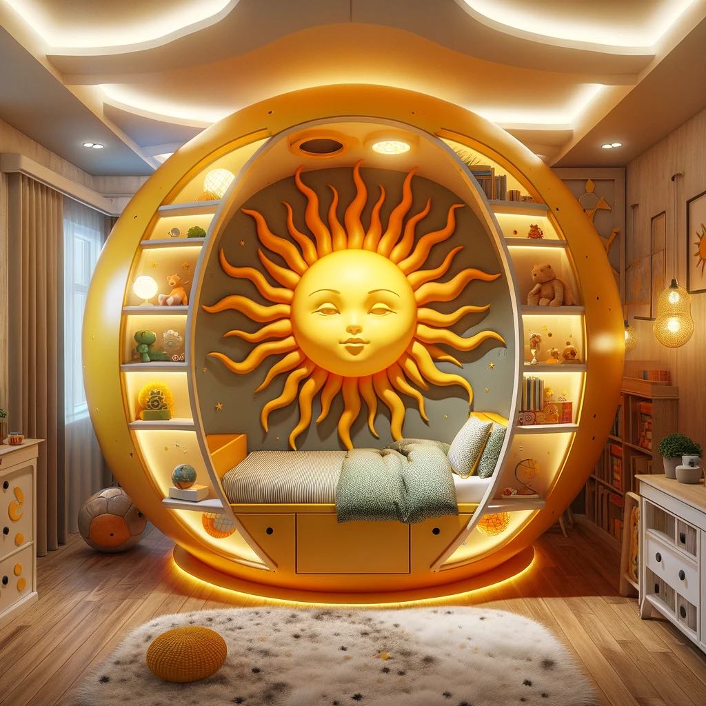 A golden bedroom radiating with sun imagery and equipped with shelves for toys and books