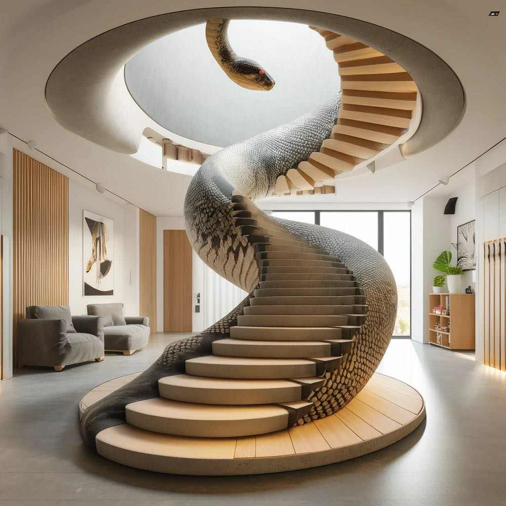 An innovative staircase design reflecting the ancient symbol of ouroboros with a modern architectural twist