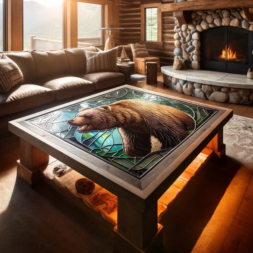 A living room stained glass table with a vivid depiction of a grizzly bear, set against the warmth of a rustic cabin interior.