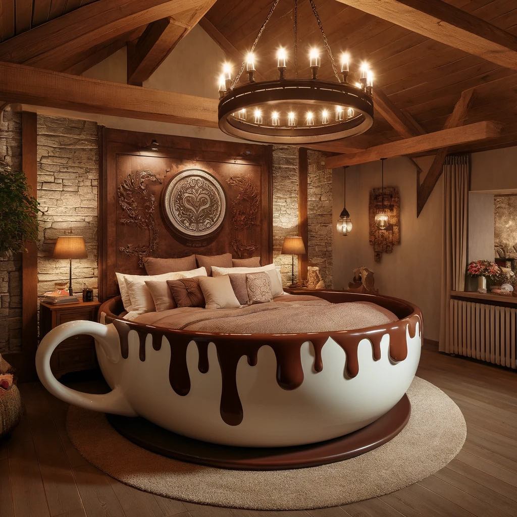 A luxurious teacup bed drizzled with chocolate design and surrounded by an assortment of pillow chocolates, evoking indulgence and comfort.