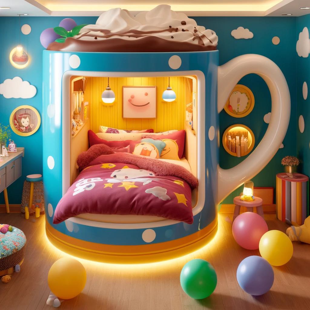 A vibrant, child-friendly teacup bed with a whimsical design, including a topping of whipped cream and a joyful expression.