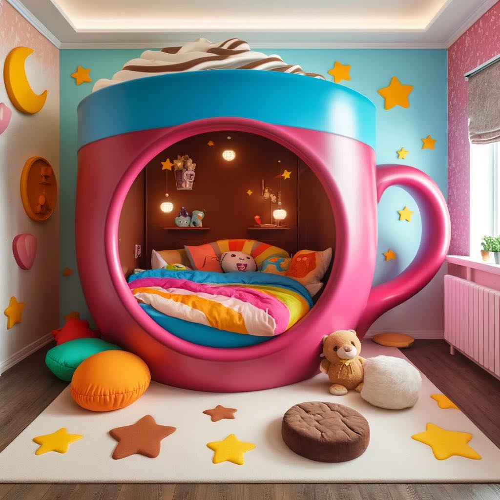 A playful and cozy pink teacup bed, adorned with starry decorations, creating a delightful sleep space for dreamers.