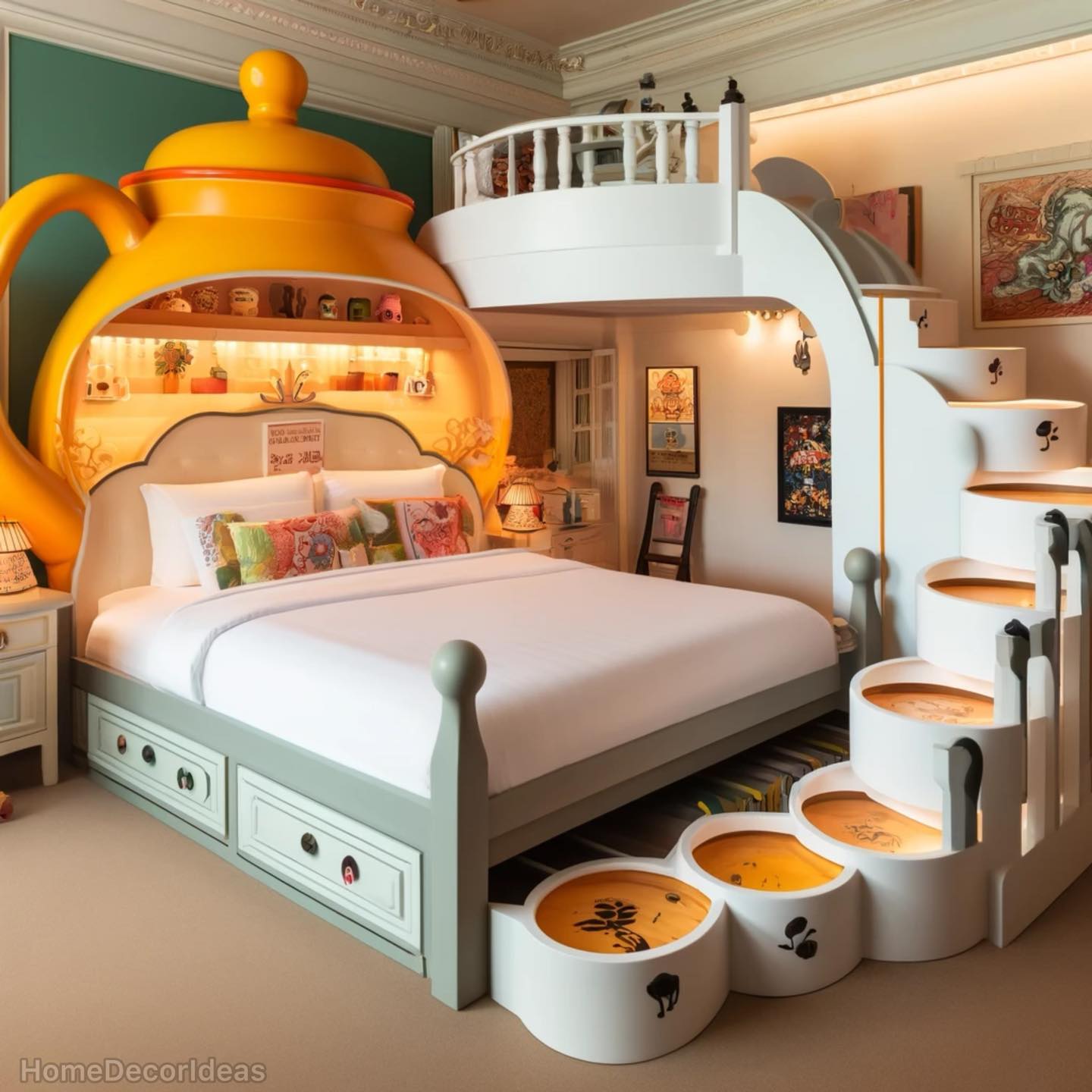 An imaginative bedroom featuring a teapot-shaped headboard and a multi-functional bed with storage drawers.