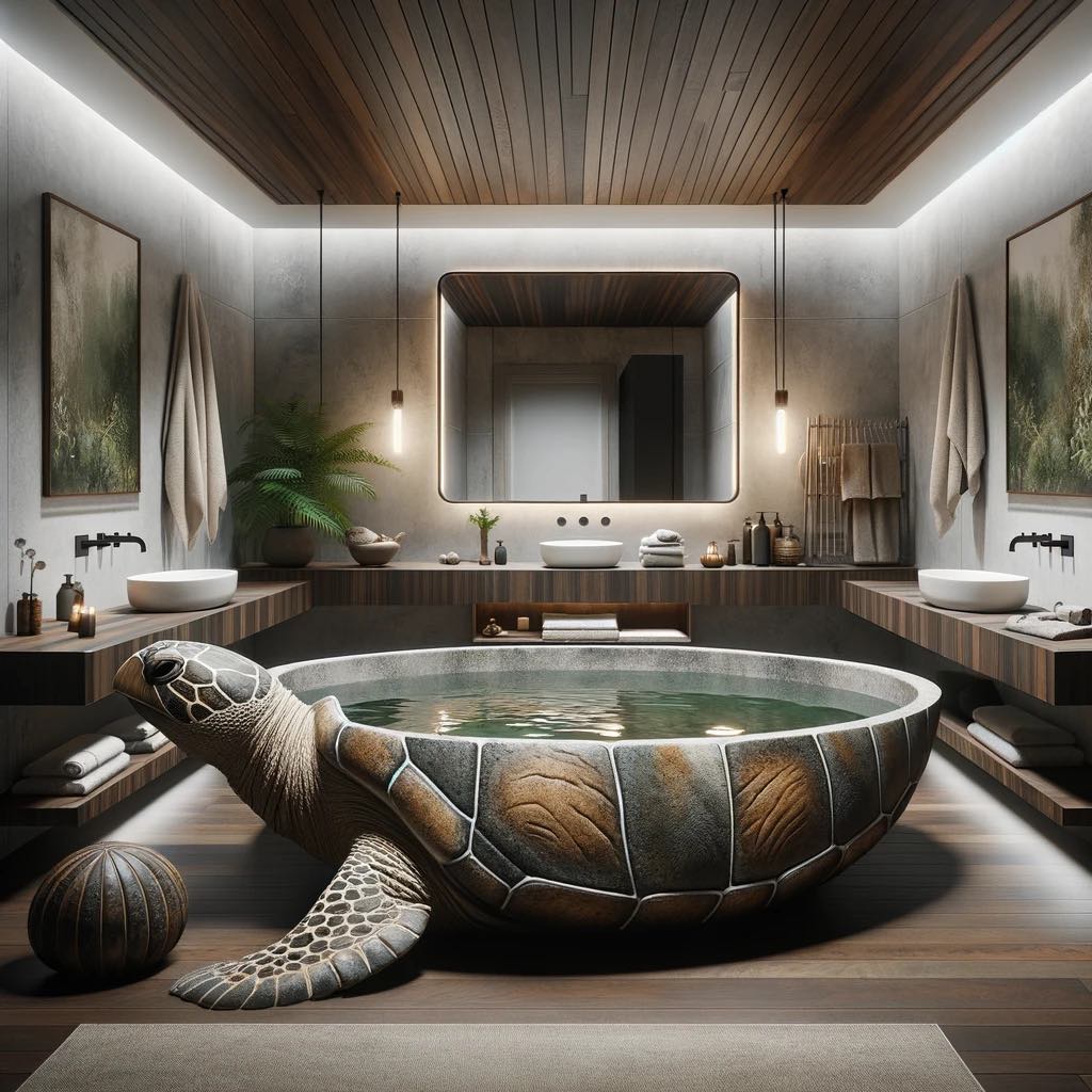 A tranquil and sophisticated bathroom featuring a turtle bathtub, marrying the serenity of nature with modern design.