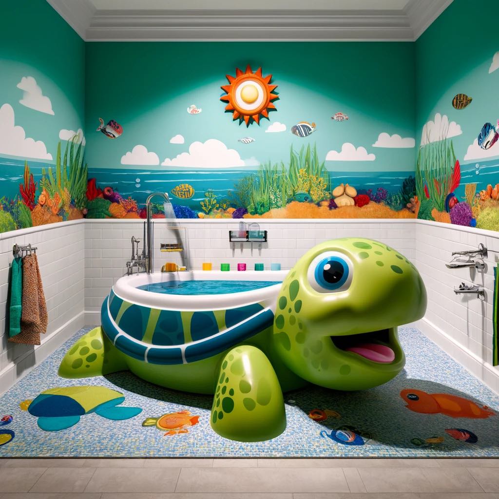 A fun and vibrant children's bathroom with a cartoon turtle bathtub, turning bath time into an underwater adventure.