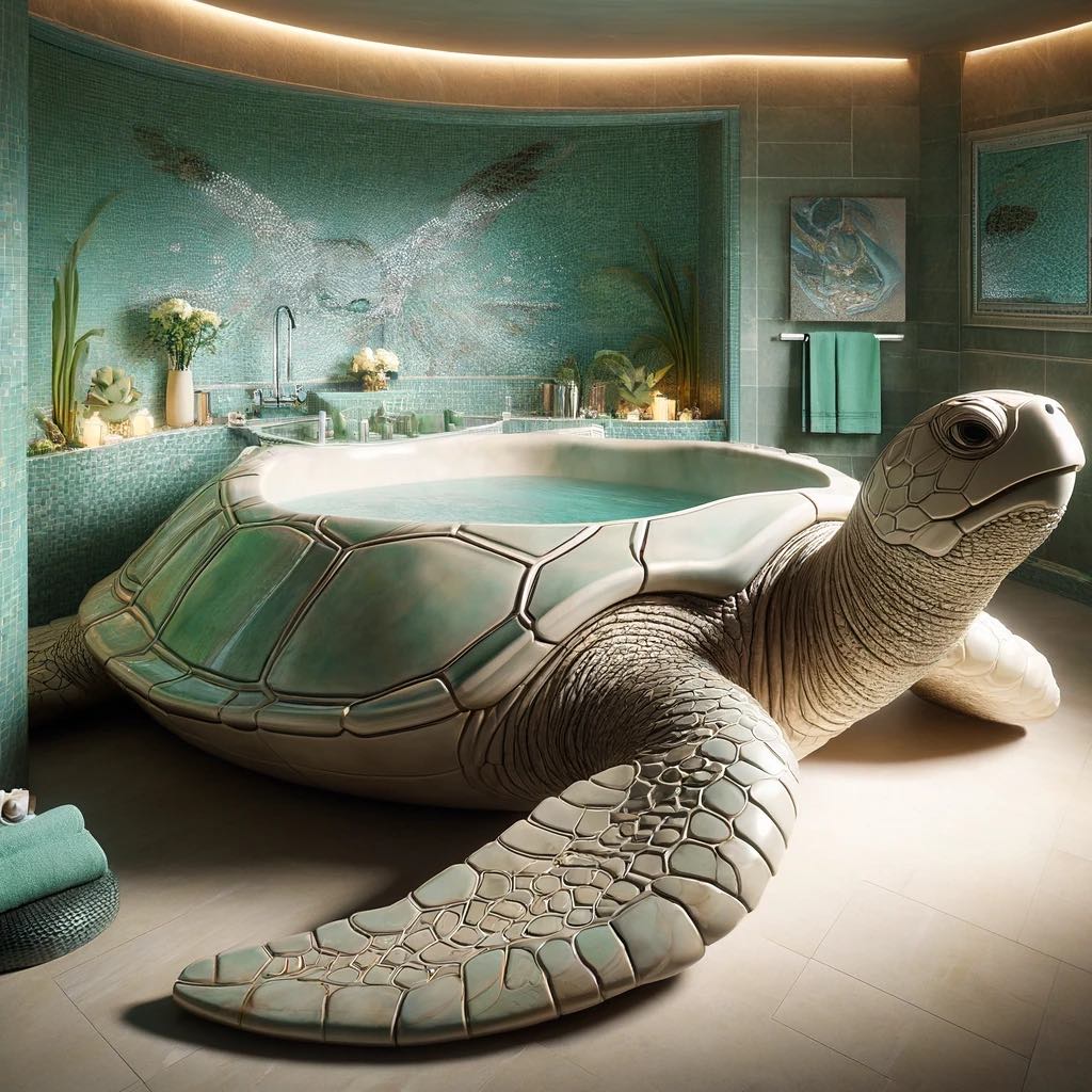 A luxurious and eco-inspired bathroom featuring a turtle bathtub, evoking the calm of coastal waters.
