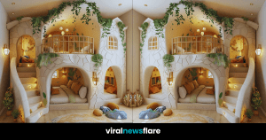 A whimsically designed children's bunk bed styled as an enchanted garden, featuring arched doorways, cascading greenery, and soft, warm lighting to create a magical, inviting space.