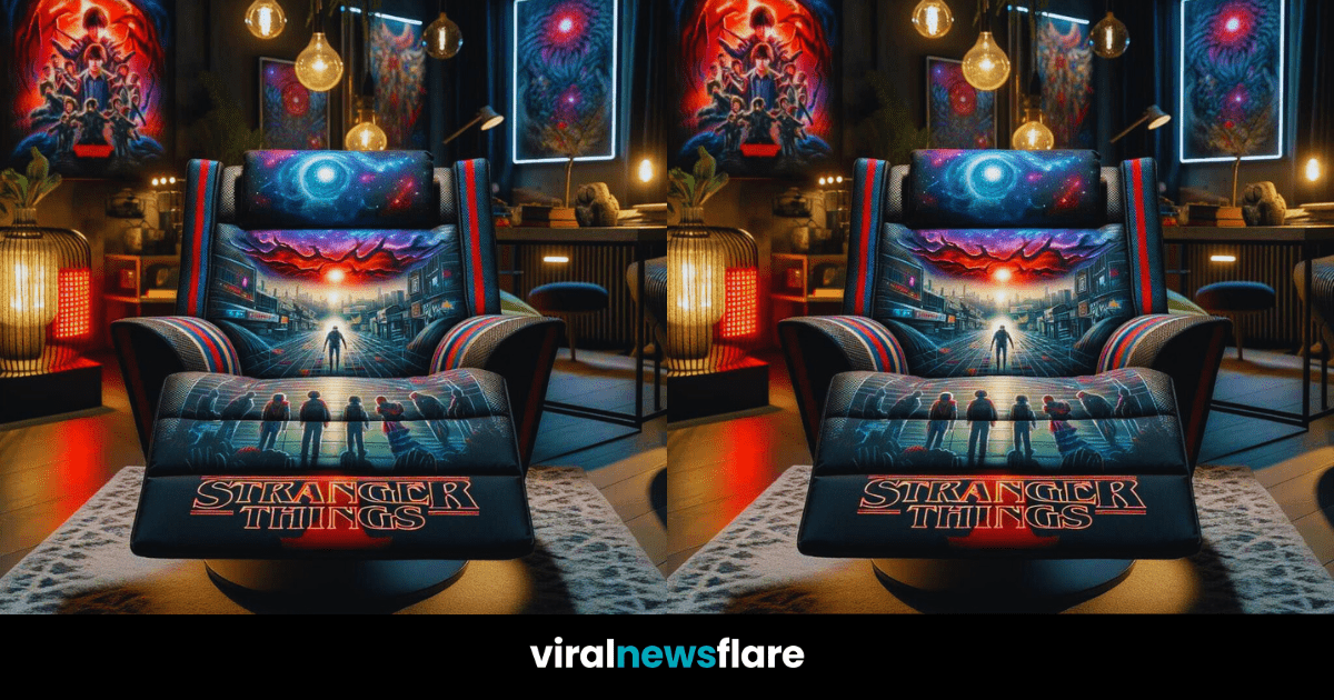A creatively designed recliner chair encapsulating the adventurous world of the 'Stranger Things' series.