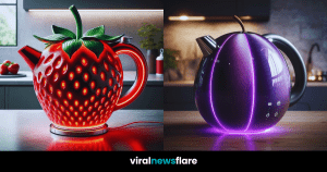 A designer electric kettle inspired by a strawberry, with a red and green colour scheme and illuminated features.