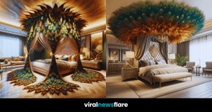 A bed framed by the stunning display of a peacock's colorful feathers, transforming a bedroom into a space of vivid dreams and tranquility.