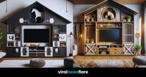 An innovative entertainment unit fashioned after a horse stable, offering a creative and rustic flair to the modern home interior.