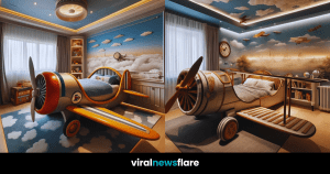 A cozy vintage airplane-themed children's bedroom with a hand-painted sky mural.