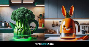 A collage of creative kitchen kettles designed as various objects and vegetables, showcasing a unique kitchenware series.